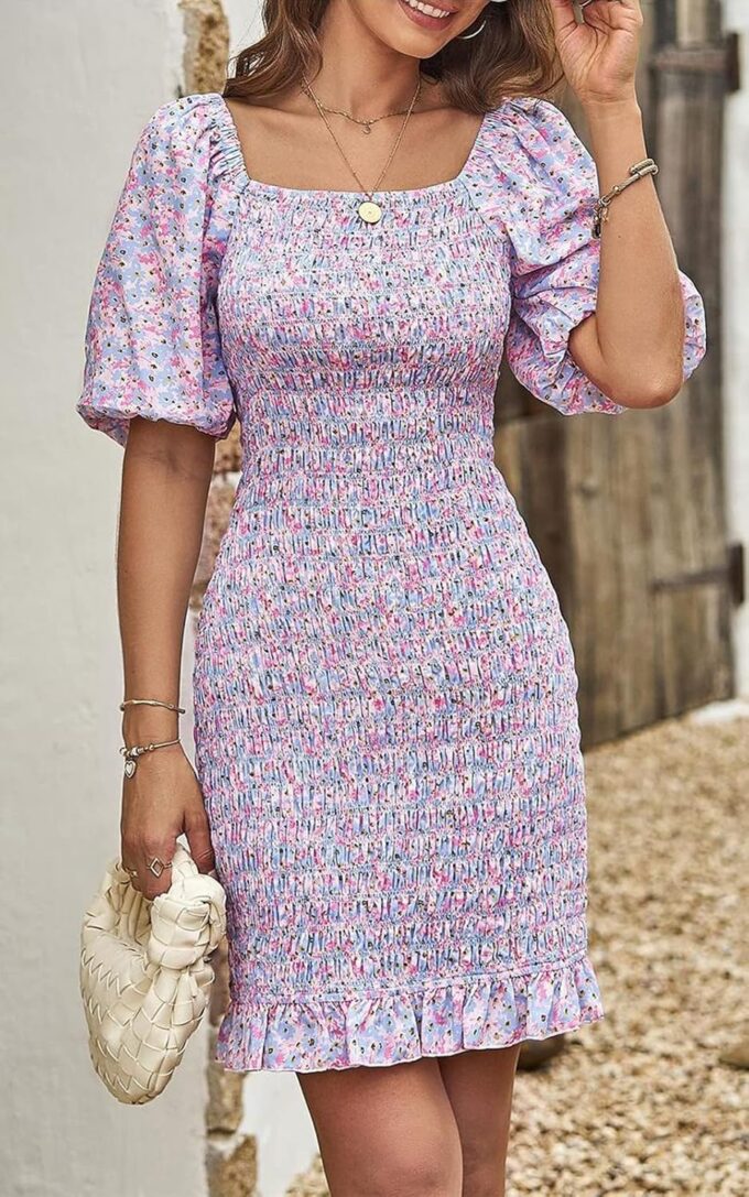 PRETTYGARDEN Women's 2025 Summer Floral Puff Sleeve Mini Dress Square Neck Ruffle Hem Bodycon Dresses Smocked Dress Women – Bild 3