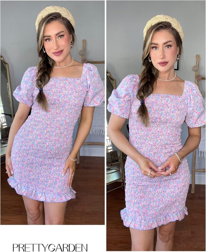 PRETTYGARDEN Women's 2025 Summer Floral Puff Sleeve Mini Dress Square Neck Ruffle Hem Bodycon Dresses Smocked Dress Women – Bild 5