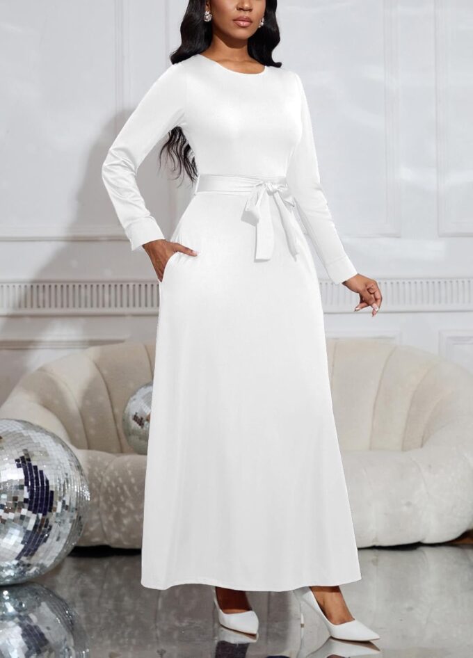 Women Casual Long Sleeve Dress Maxi Empire Waist Long Dresses Loose with Belt – Bild 4