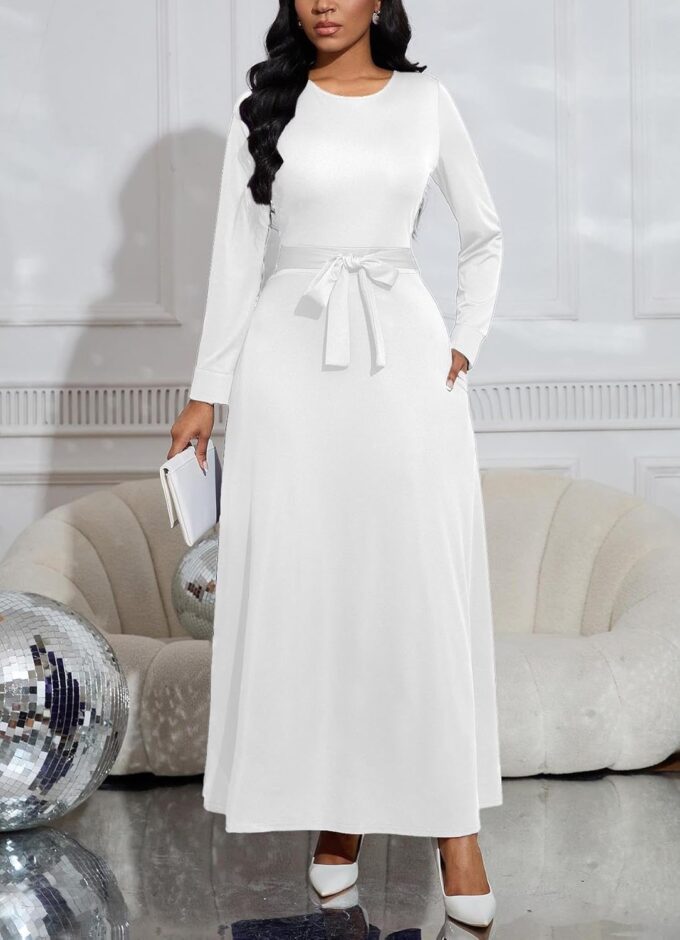 Women Casual Long Sleeve Dress Maxi Empire Waist Long Dresses Loose with Belt – Bild 5