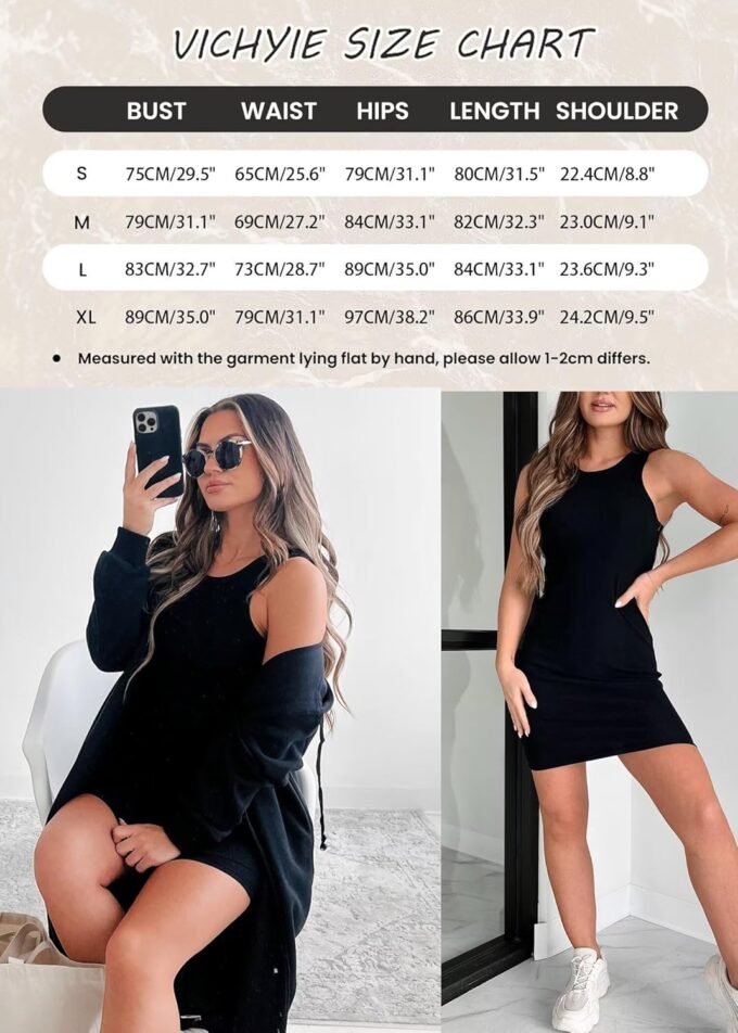 VICHYIE Womens Summer Tank Dress Scoop Neck Ribbed Sleeveless Bodycon Mini Slim Fitted Pencil Dresses – Bild 2