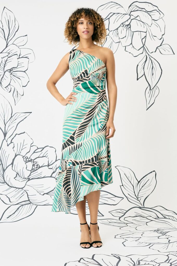 Maggy London Women's Asymmetrical One-Shoulder Midi Tropical Leaf Print-Ruched Side-Ruffled High-Low Hem Cocktail Dress – Bild 4