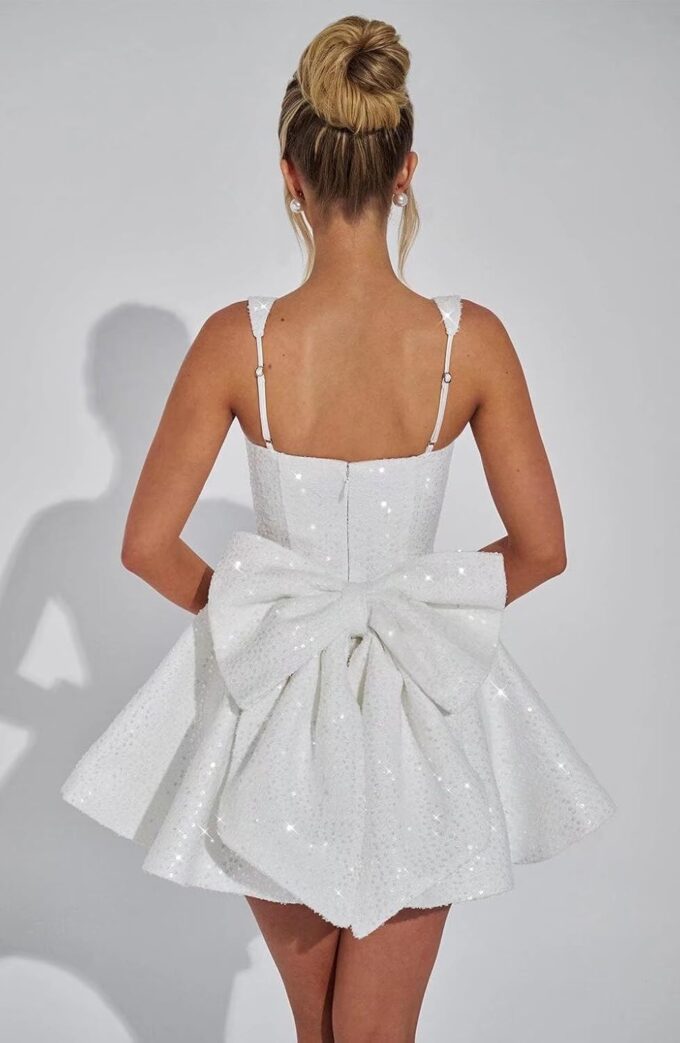 Dessiny Square Neck Sequin Homecoming Dresses Spaghetti Strap Cocktail Party Dresses with Bow DE334