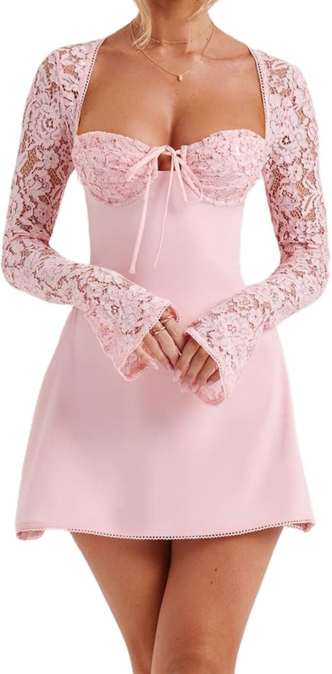 Womens Square Neck Bodycon Mini Dress Retro Lace Floral Long Sleeve Flare Hem Club Party Night Out Dress – Bild 2