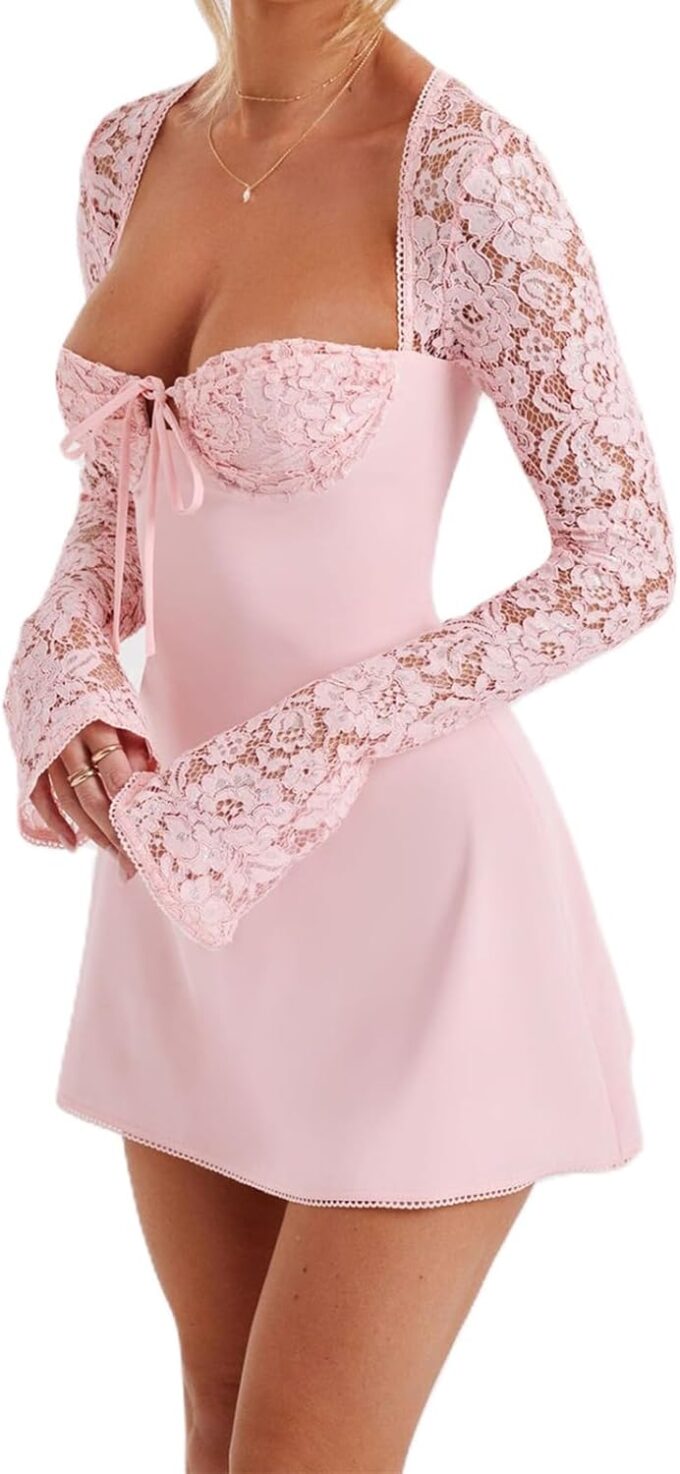 Womens Square Neck Bodycon Mini Dress Retro Lace Floral Long Sleeve Flare Hem Club Party Night Out Dress – Bild 4