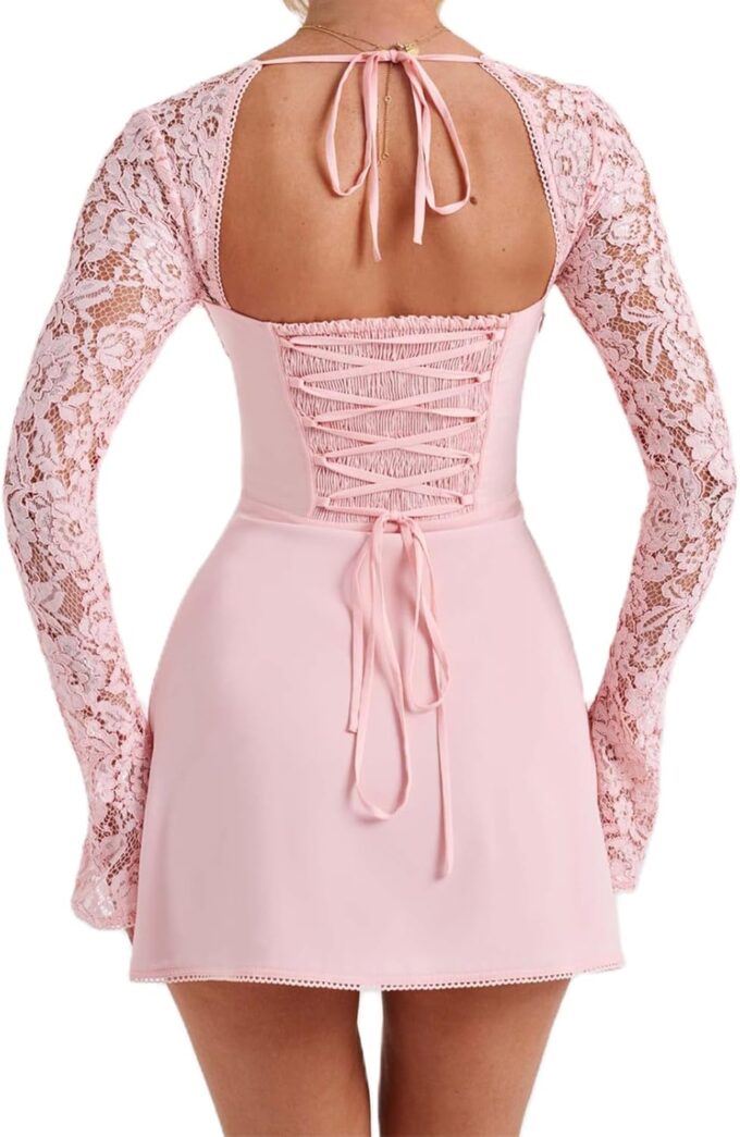 Womens Square Neck Bodycon Mini Dress Retro Lace Floral Long Sleeve Flare Hem Club Party Night Out Dress – Bild 5