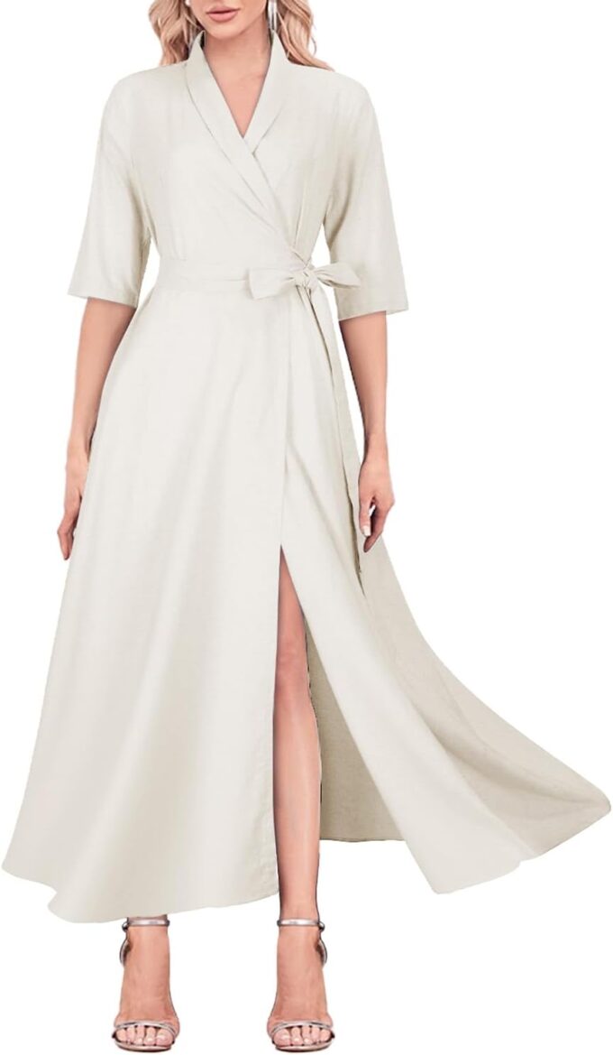 Mingyuezai Women's Linen Wrap Dress V-Neck Lace Up Half Sleeve Maxi Dress