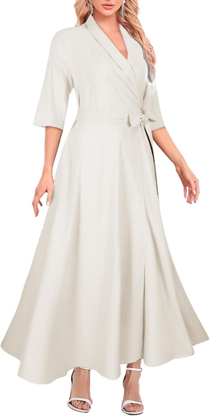 Mingyuezai Women's Linen Wrap Dress V-Neck Lace Up Half Sleeve Maxi Dress – Bild 2