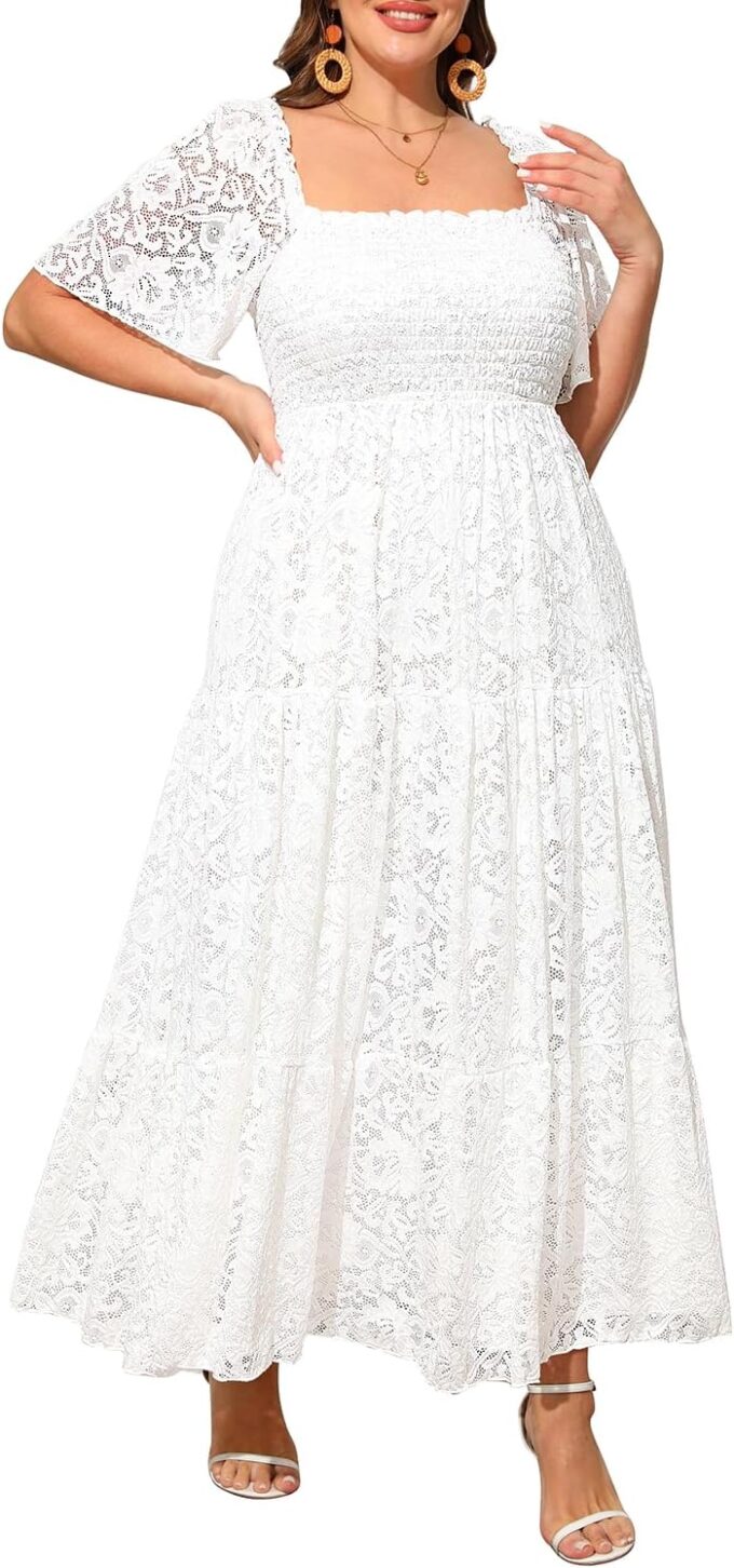 Women's Plus Size Floral Lace Wedding Boho Dress Flowy Smocked Tiered Maxi Dress