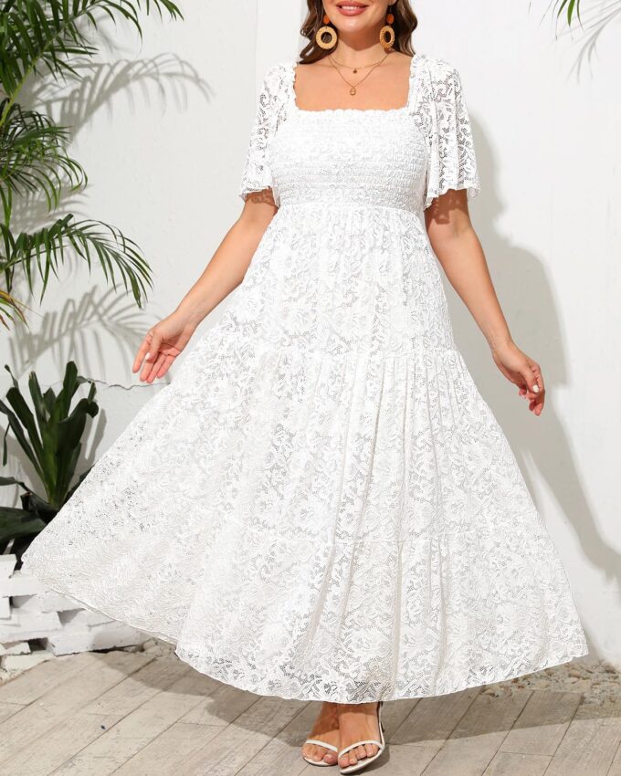 Women's Plus Size Floral Lace Wedding Boho Dress Flowy Smocked Tiered Maxi Dress – Bild 2