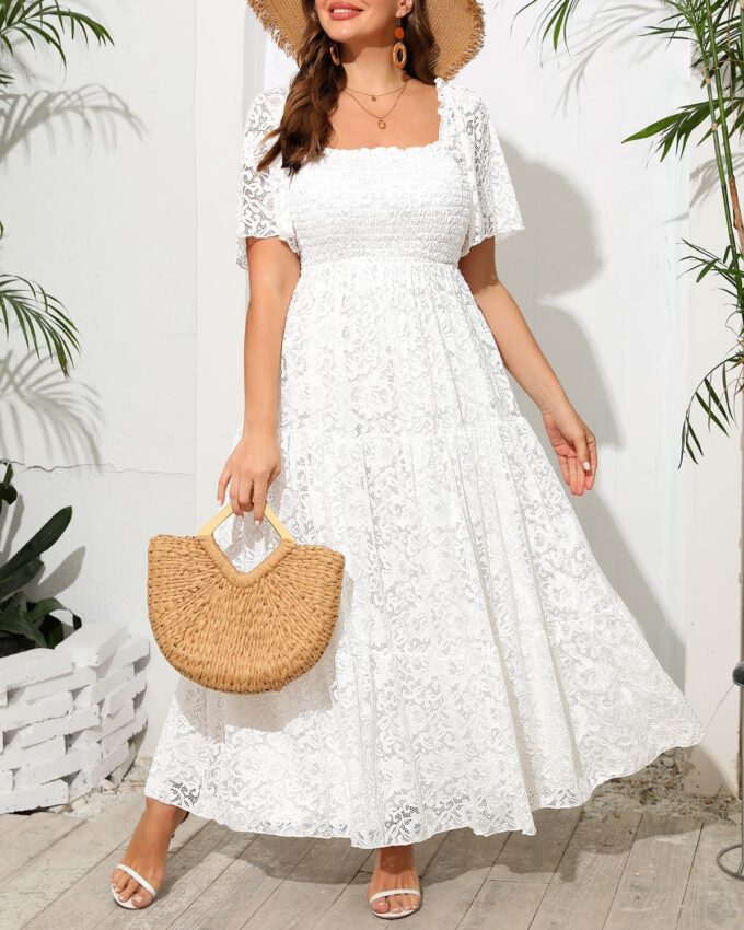 Women's Plus Size Floral Lace Wedding Boho Dress Flowy Smocked Tiered Maxi Dress – Bild 3