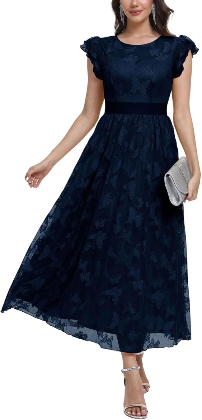 Women's Midi Formal Dress 2025 Flutter Short Sleeve Crewneck Lace Wedding Guest Party Dresses