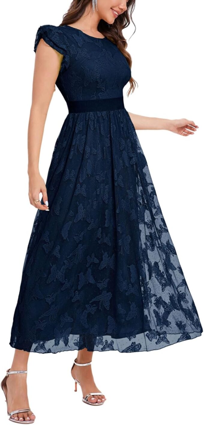 Women's Midi Formal Dress 2025 Flutter Short Sleeve Crewneck Lace Wedding Guest Party Dresses – Bild 2