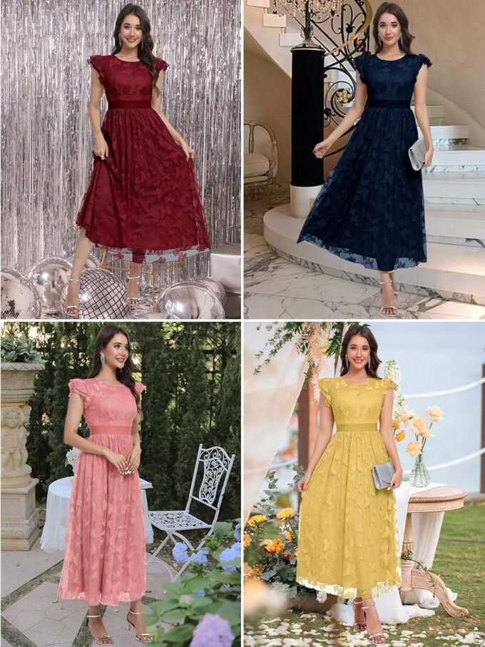 Women's Midi Formal Dress 2025 Flutter Short Sleeve Crewneck Lace Wedding Guest Party Dresses – Bild 6