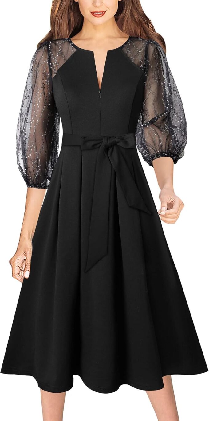 VFSHOW Womens Bishop Sleeve Pleated Front Zipper Belted Cocktail Party A-Line Midi Dress