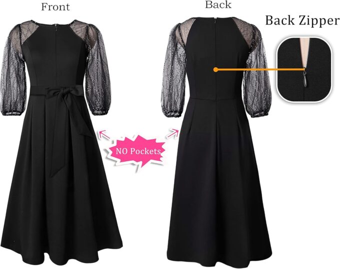 VFSHOW Womens Bishop Sleeve Pleated Front Zipper Belted Cocktail Party A-Line Midi Dress – Bild 5