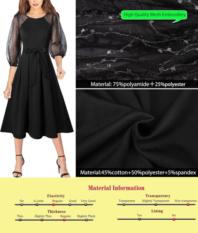 VFSHOW Womens Bishop Sleeve Pleated Front Zipper Belted Cocktail Party A-Line Midi Dress – Bild 6