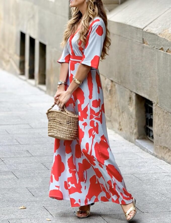 Womens Summer Cross V Neck Short Sleeve Party Long Dresses Red Boho Floral Flowy Split Cocktail Maxi Dress with Pockets – Bild 2