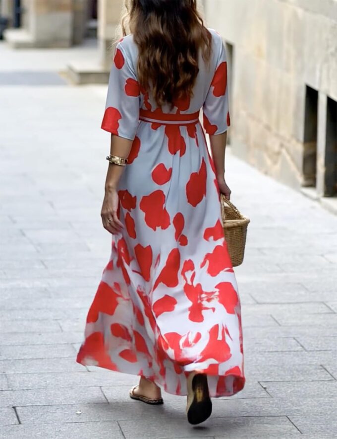 Womens Summer Cross V Neck Short Sleeve Party Long Dresses Red Boho Floral Flowy Split Cocktail Maxi Dress with Pockets – Bild 3
