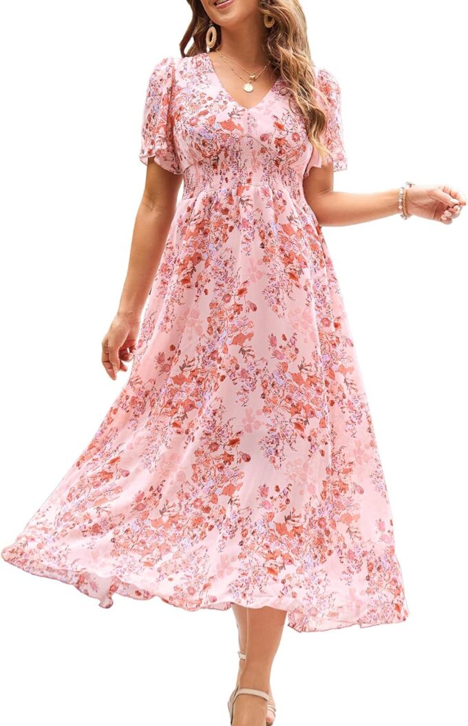 Women's Floral Maxi Dress Flowy V Neck Empire Waist Summer Wedding Guest Party Casual Chiffon Dress
