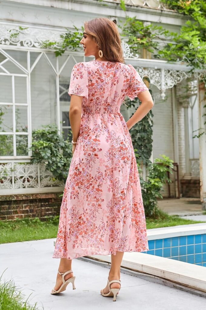 Women's Floral Maxi Dress Flowy V Neck Empire Waist Summer Wedding Guest Party Casual Chiffon Dress – Bild 3