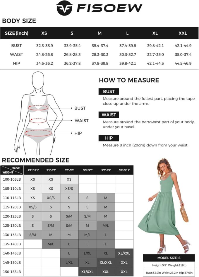 Fisoew Womens Spaghetti Strap Dress V Neck Backless Summer Casual A Line Cami Dress with Pocket – Bild 6