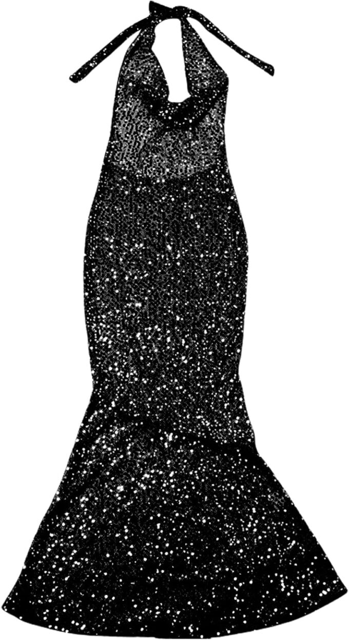 Women's Elegant Sheer Mesh Maxi Dress Sparkly Sequins See Through Halter Cowl Neck Backless Long Dresses Party Outfits – Bild 4
