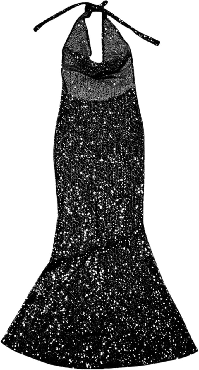 Women's Elegant Sheer Mesh Maxi Dress Sparkly Sequins See Through Halter Cowl Neck Backless Long Dresses Party Outfits – Bild 7