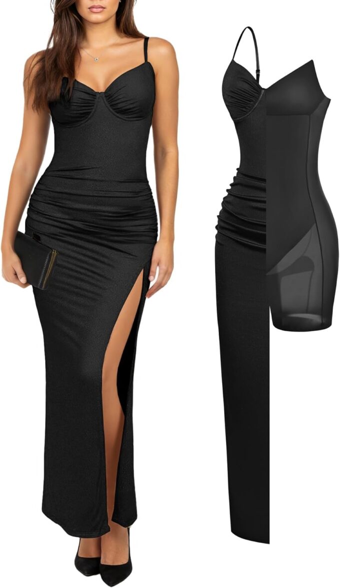 Popilush Cocktail Dresses for Women V Neck Shapewear Dress Sleeveless Maxi Dress Party Dress