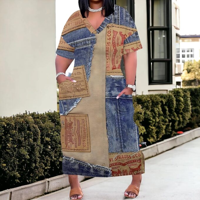 Womens Plus Size Denim-Print Fashion Maxi Dresses Casual Soft Tshirt Dress – Bild 2