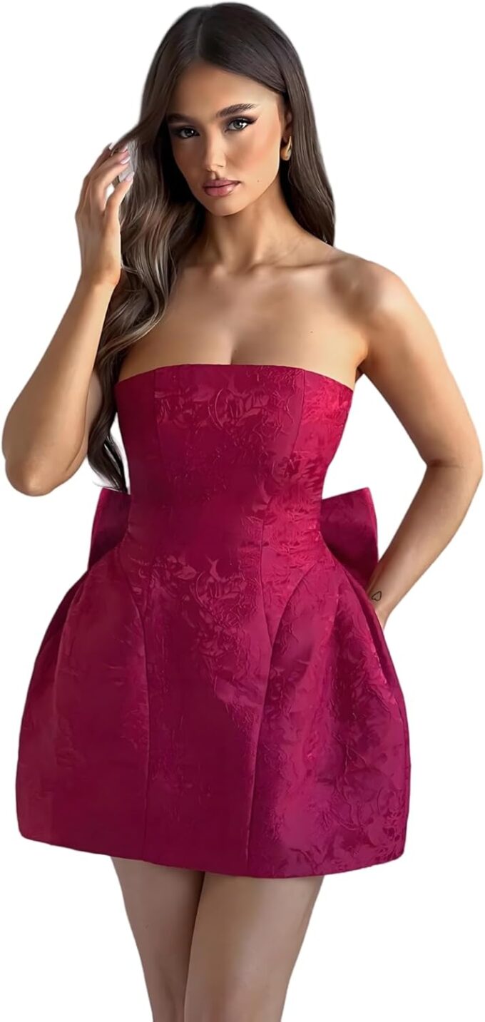 JUMISEE Embroidery Satin Homecoming Dress with Bow Modest Strapless Mini Dress A Line Short Prom Dresses Party Gown