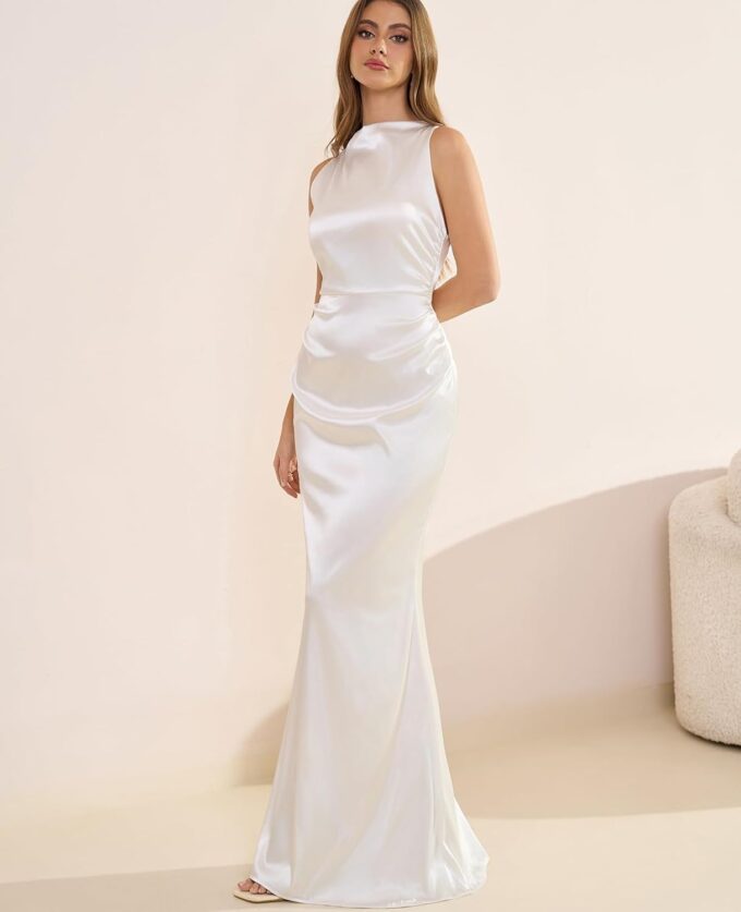 GLNEGE Women's Satin Mock Neck Maxi Formal Dresses Elegant Sleeveless Backless Wedding Guest Evening Party Dress – Bild 2