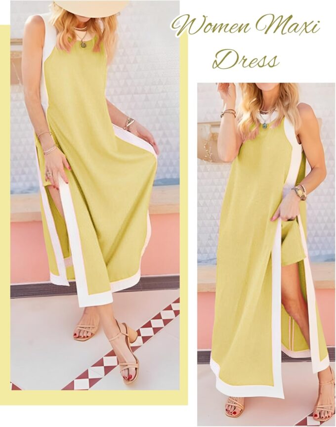 EsheSy Womens 2 Piece Sets Maxi Dress Matching Shorts Sleeveless Color Block Loose Boho Dress Outfits with Pockets – Bild 2