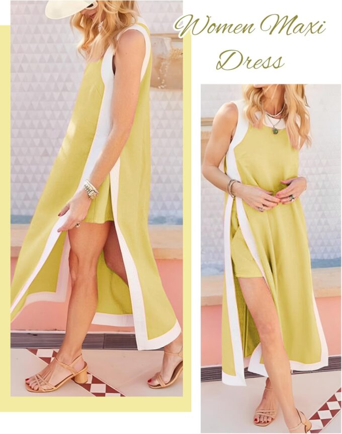 EsheSy Womens 2 Piece Sets Maxi Dress Matching Shorts Sleeveless Color Block Loose Boho Dress Outfits with Pockets – Bild 3