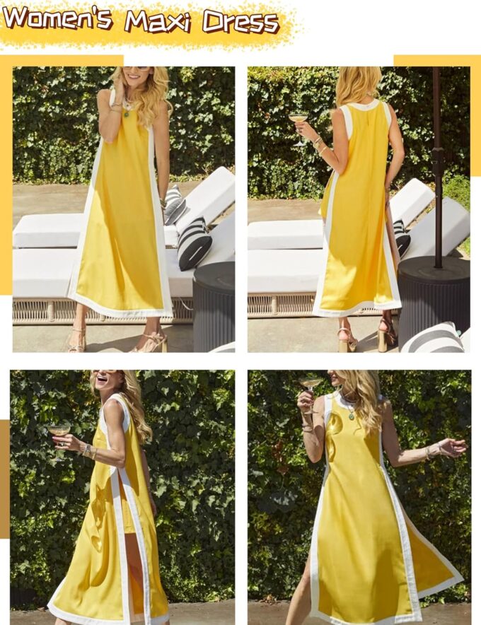 EsheSy Womens 2 Piece Sets Maxi Dress Matching Shorts Sleeveless Color Block Loose Boho Dress Outfits with Pockets – Bild 4
