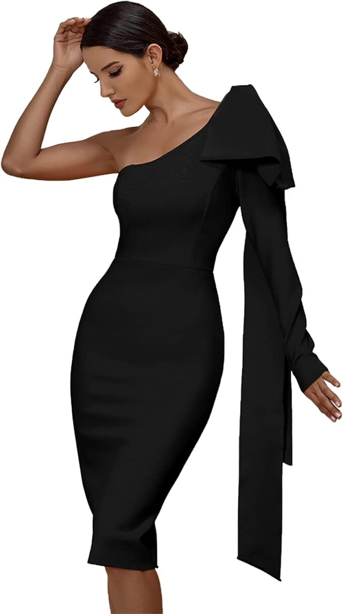 Maketina Womens One Shoulder Ruffle Long Sleeve Bandage Dress Club Cocktail Dresses