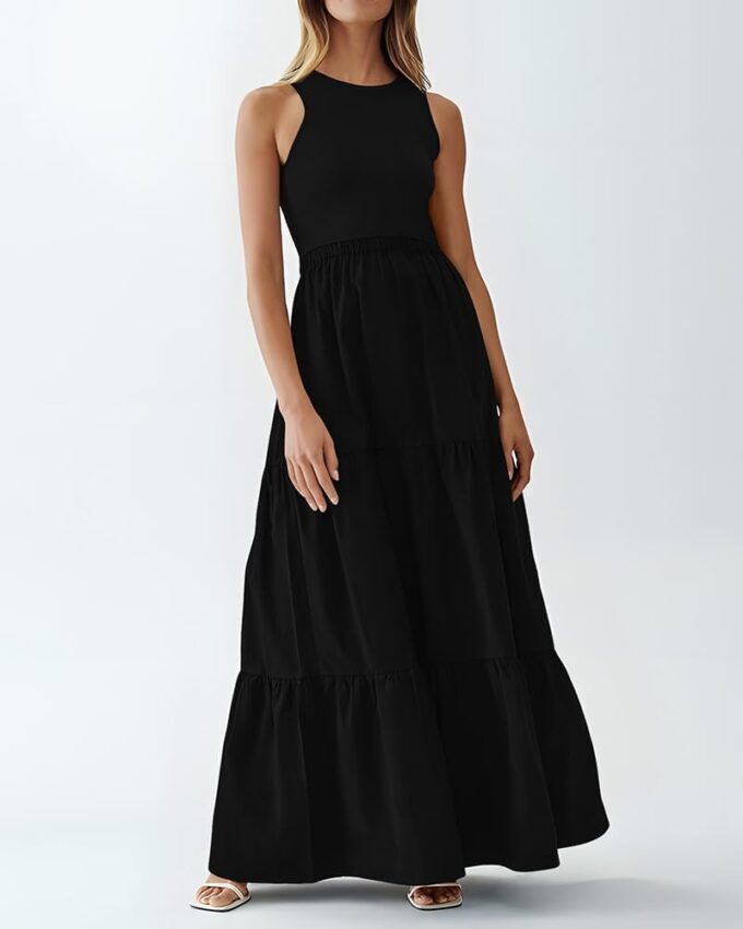 BTFBM Women Sleeveless Summer Dresses Wedding Guest Maxi Dresses Ribbed Knit Tops and Polyester Skirt with Pockets – Bild 2
