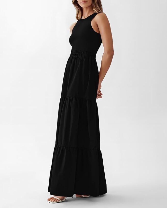 BTFBM Women Sleeveless Summer Dresses Wedding Guest Maxi Dresses Ribbed Knit Tops and Polyester Skirt with Pockets – Bild 5