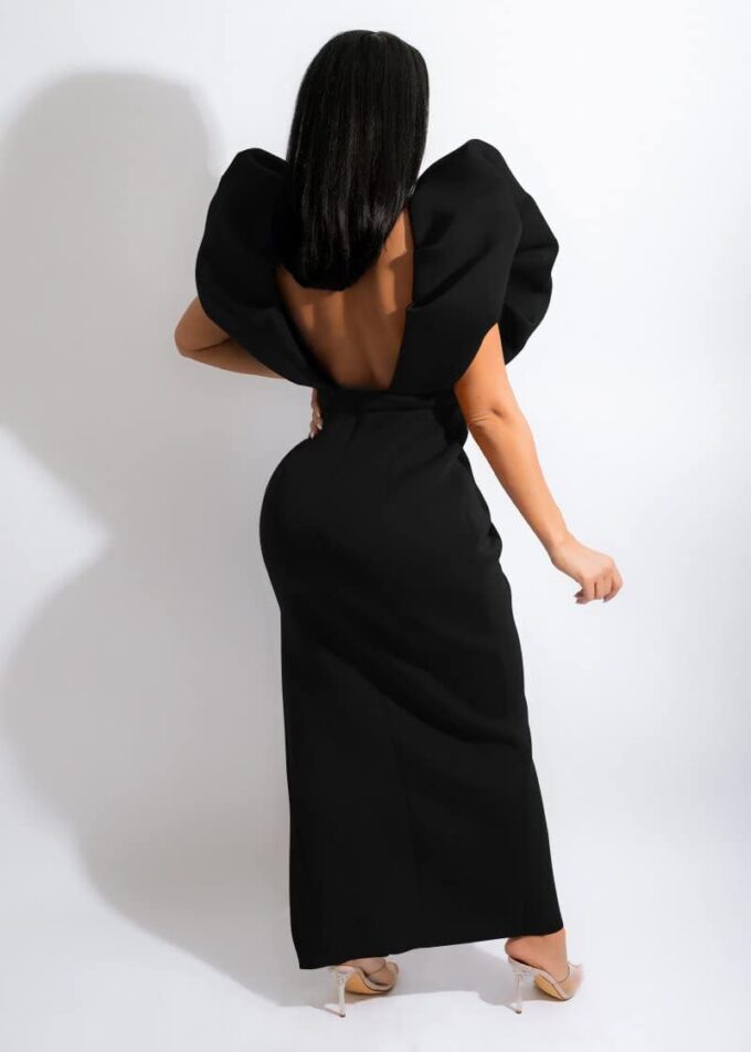 Memoriesea Women's Sexy Deep V Neck Puff Sleeve Side Split Ruched Backless Gown Dress – Bild 2