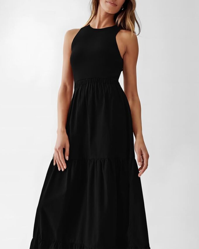 BTFBM Women Sleeveless Summer Dresses Wedding Guest Maxi Dresses Ribbed Knit Tops and Polyester Skirt with Pockets – Bild 6