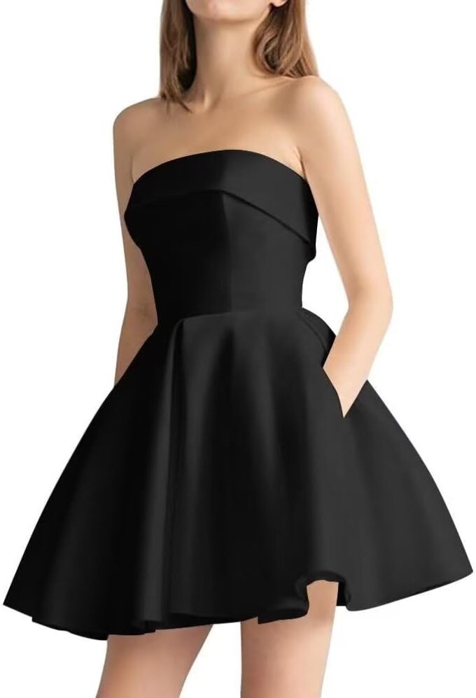 Tvuyet Strapless Homecoming Dresses for Teens 2025 Satin A Line Short Prom Dress with Pockets Formal Evening Gowns