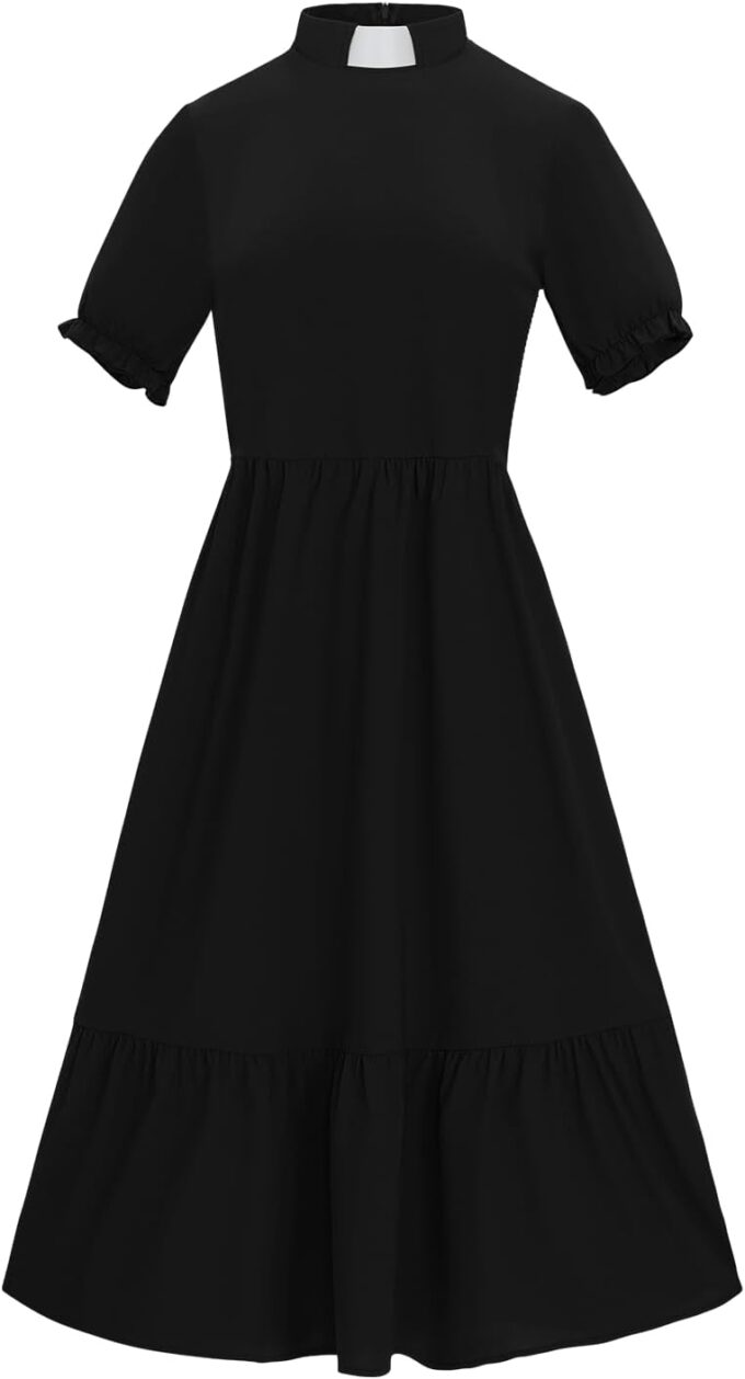 Women's Short Sleeve Church Dress Clergy Tab Insert Collar Priestess Dress