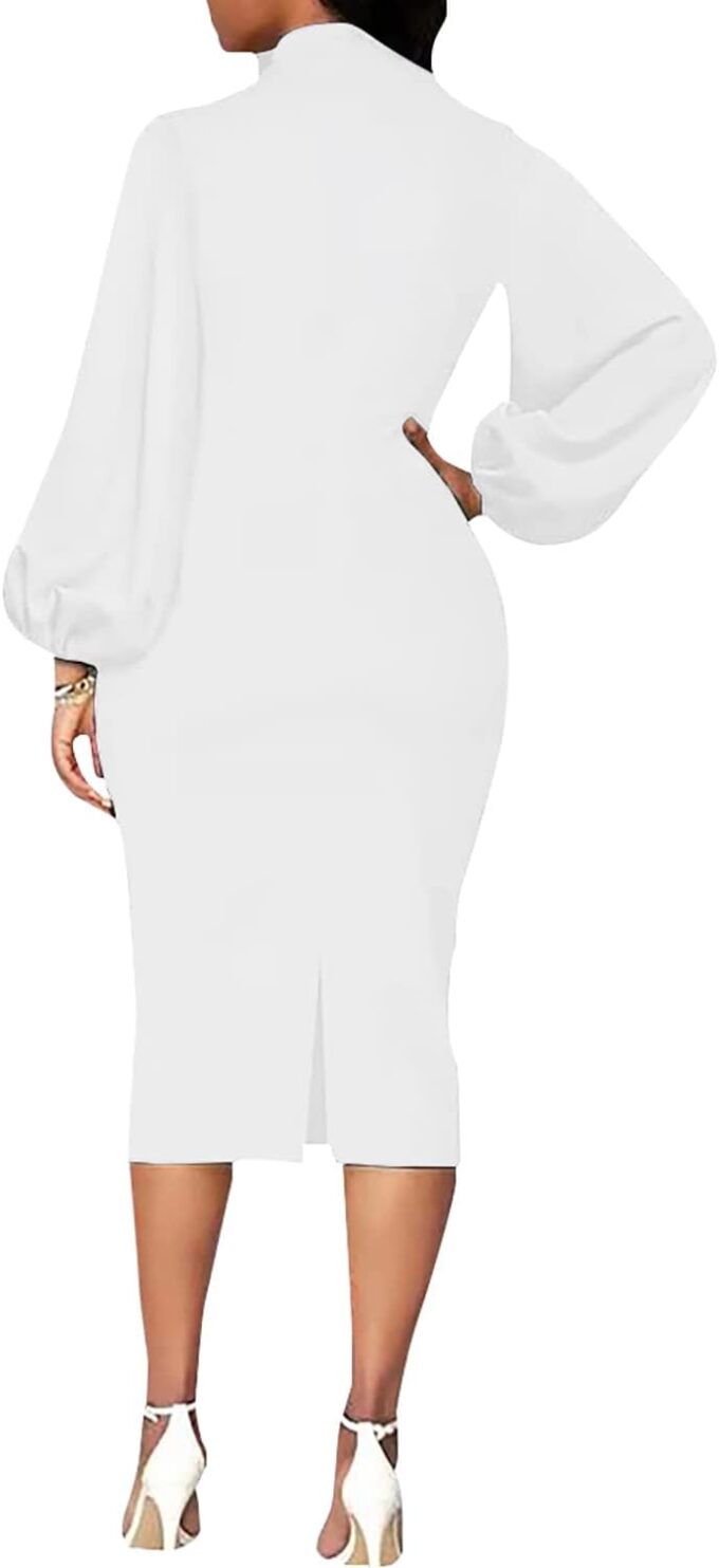 Sexy Long Sleeve Dress for Women Solid Color Bow Knot Turtleneck Formal Gown Midi Casual Church Dresses – Bild 3