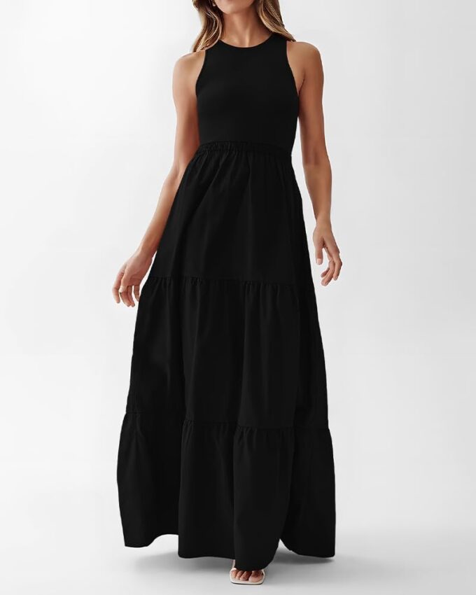 BTFBM Women Sleeveless Summer Dresses Wedding Guest Maxi Dresses Ribbed Knit Tops and Polyester Skirt with Pockets – Bild 4