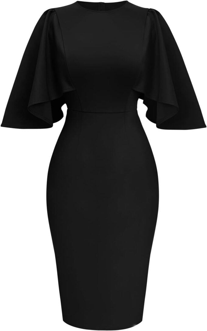 Memoriesea Women's Ruffle Flared Sleeve Bodycon Pencil Formal Cocktail Midi Dress