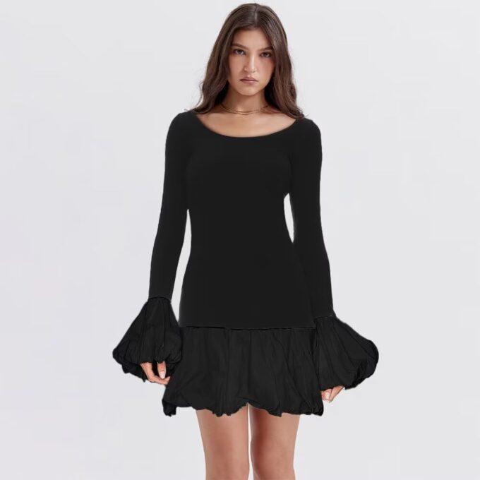 Women's 2024 Fall Dress Sexy Crew Neck Puffy Long Sleeve Bubble Party Club Bodycon Mini Dresses – Bild 2