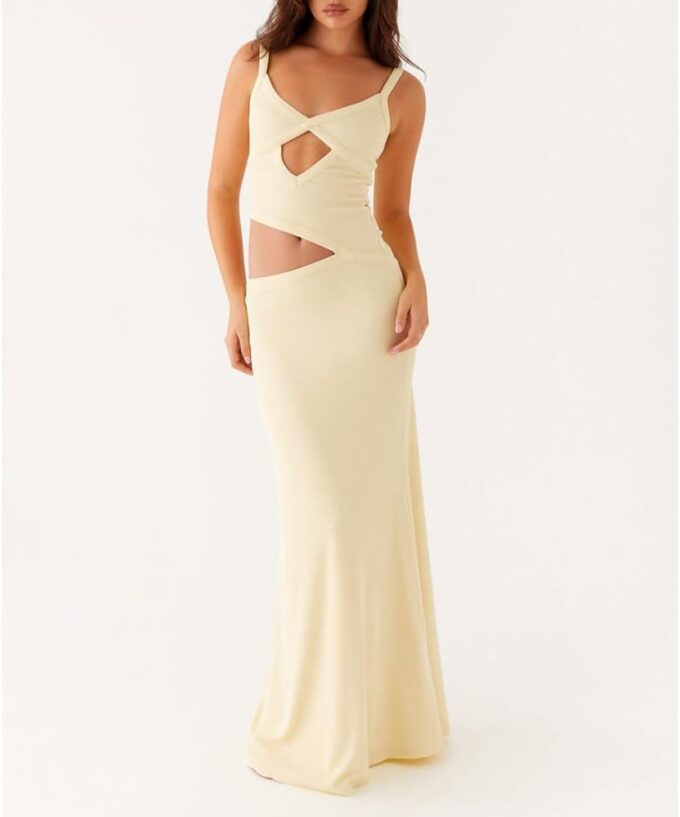 Women Sexy Maxi Dress Cut Out V Neck Spaghetti Straps Bodycon Long Dress Summer Party Cocktail Wear – Bild 2