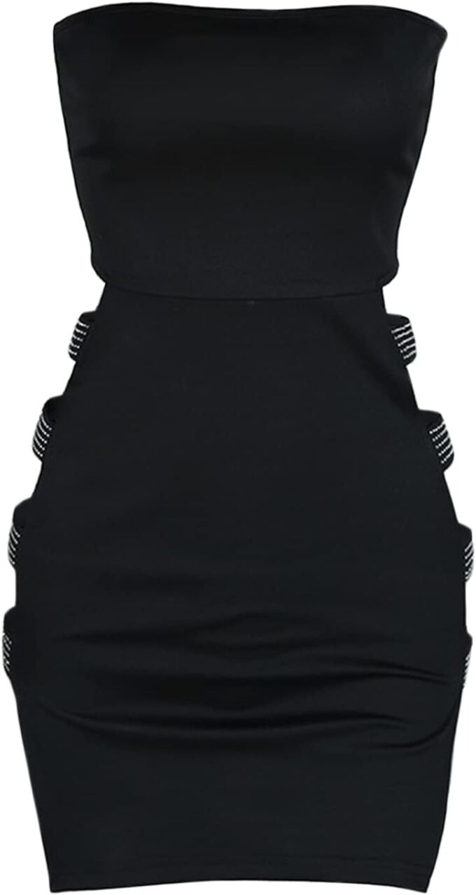 Bowanadacles Women Sexy Tube Tops Dress Solid Color Sleeveless Rhinestone Hollow Pencil Mini Dress High Waist Skinny Skirt – Bild 4