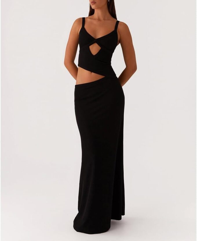 Women Sexy Maxi Dress Cut Out V Neck Spaghetti Straps Bodycon Long Dress Summer Party Cocktail Wear – Bild 2