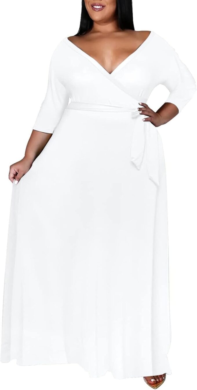 Nmoder Plus Size Maxi Dress for Women - Summer Casual 3/4 Sleeve Floral Flowy Long Dress with Belt XL- 6XL – Bild 2